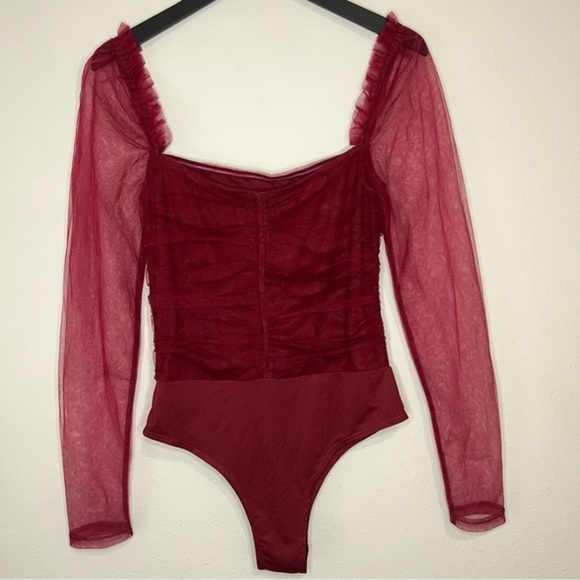 Lulus Burgundy Tulle Ruched Long Sleeve Bodice Bodysuit Size XS Party Night out - Picture 2 of 9